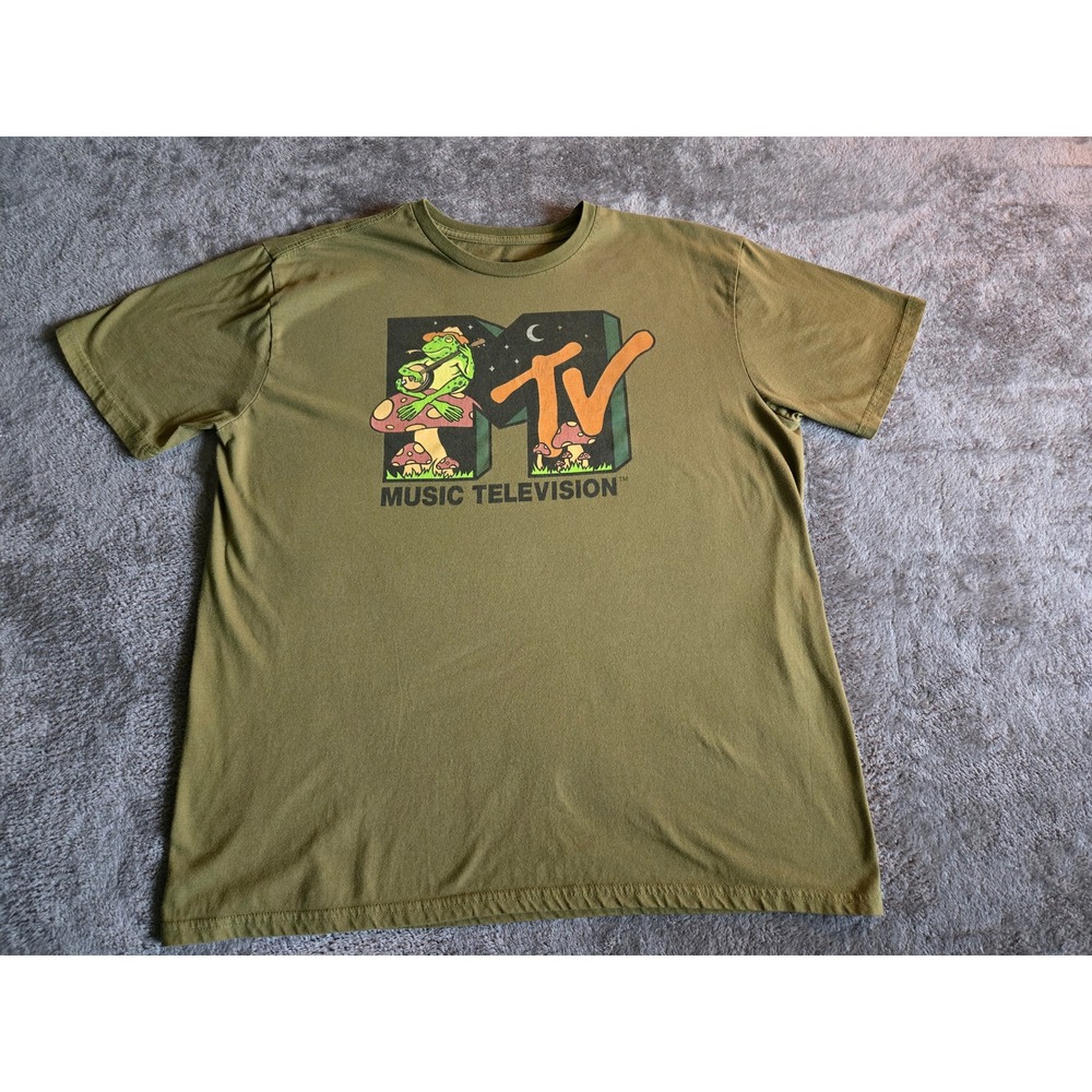 MTV T-Shirt Mens XL Olive Green Good Frog Banjo Mushroom Graphic Tee